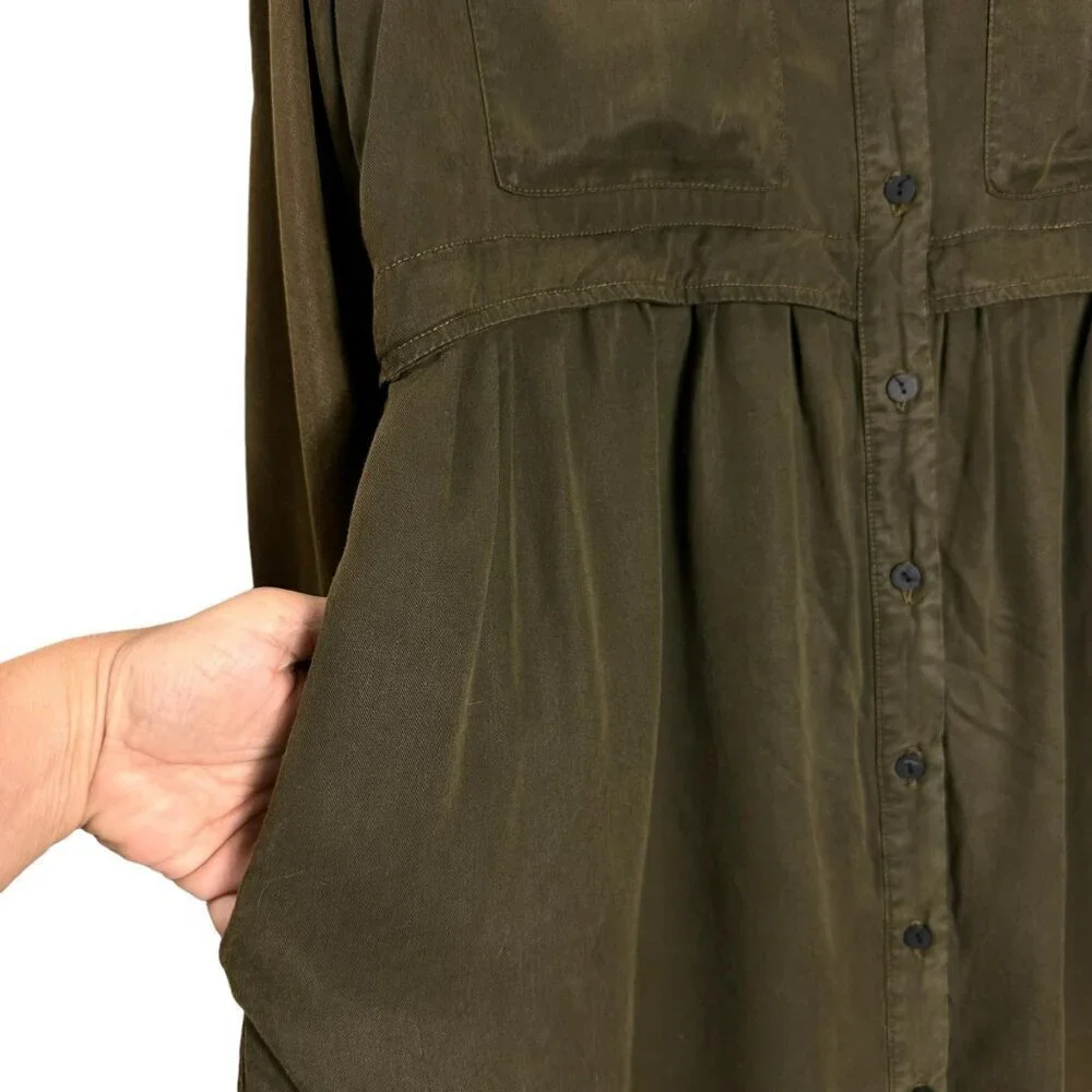 Zara Olive Green Beaded Shirt Dress Long Sleeve Utility Chic Size S - Picture 8 of 12